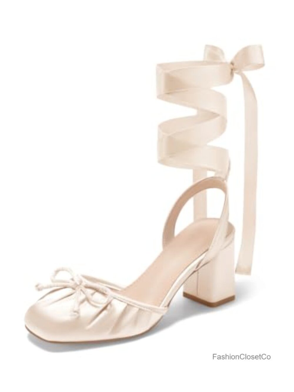 Ballet Heels for Women Satin Bow Chunky Block Heel Pumps Lace Up